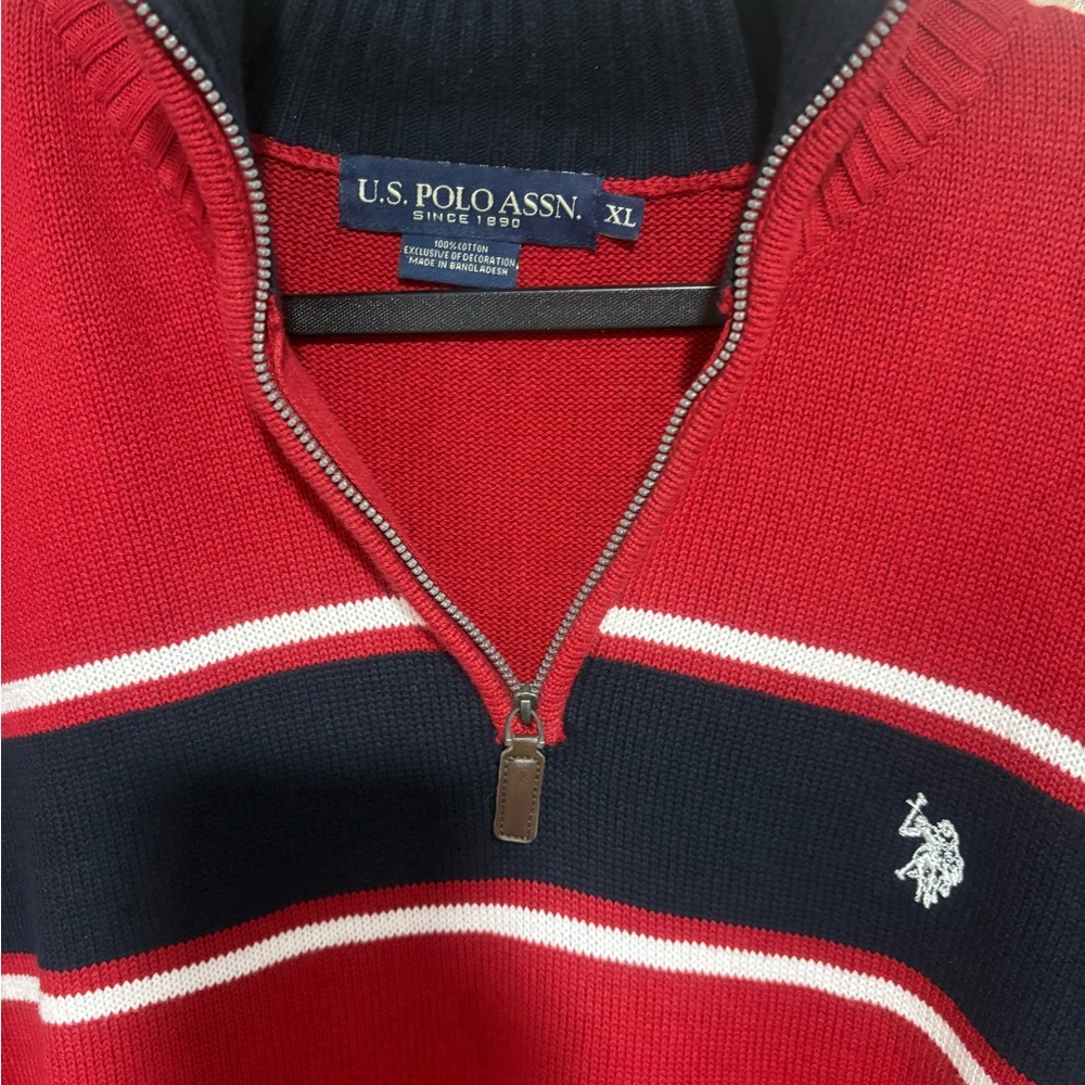 U.S. Polo Assn. Red, Navy & White Zip-Neck Striped Sweater